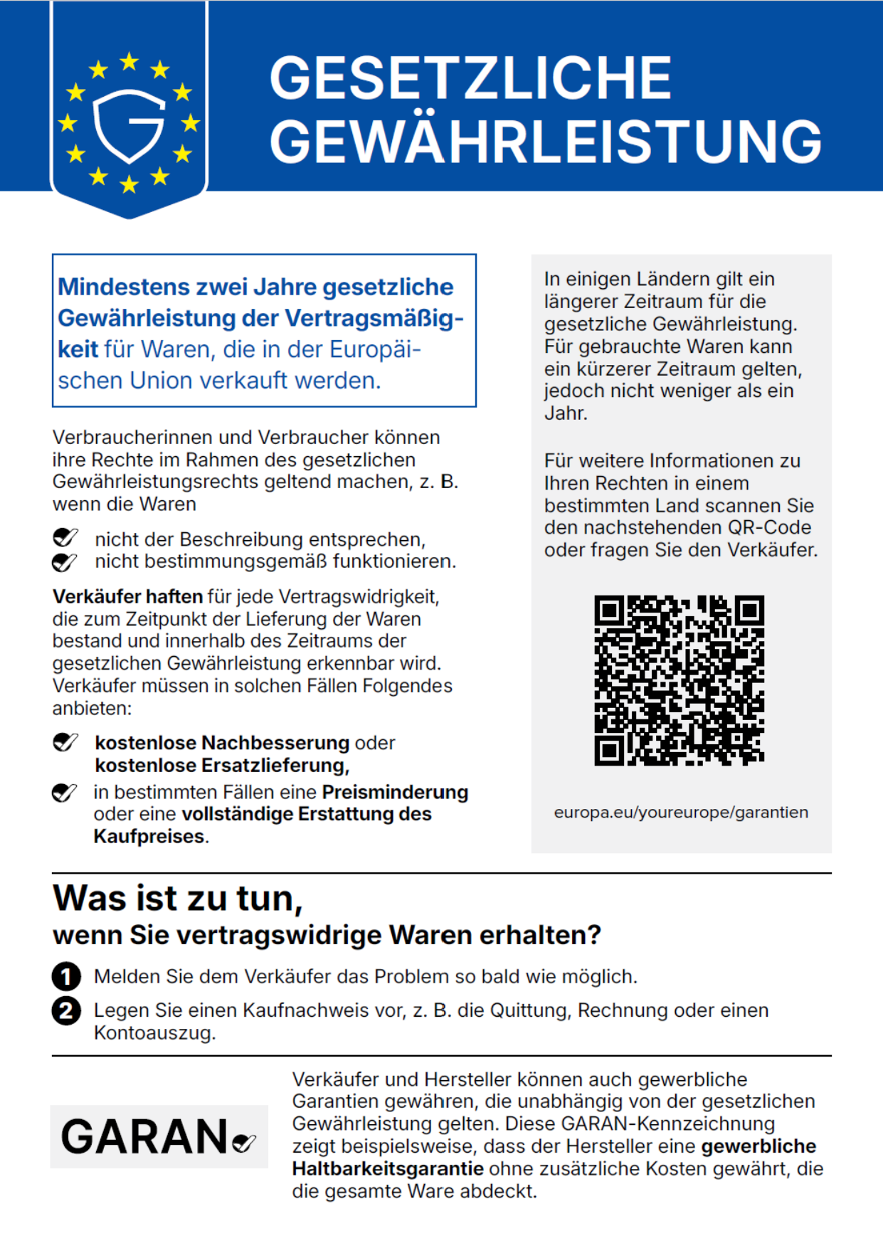 Gesetzliche Gewährleistung – mindestens zwei Jahre gesetzliche Gewährleistung in der EU
